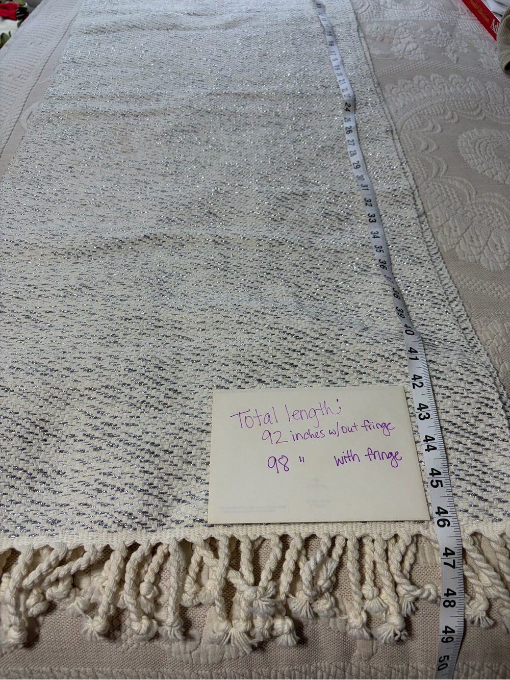 Neutral white & silver Woven Fringe table Runner - 34th & Pine holiday EUC